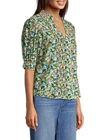 Eliza Floral Puff-Sleeve Cotton & Silk Blouse