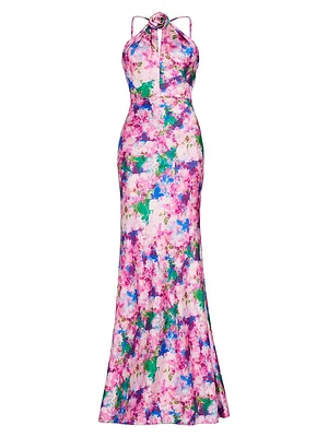 Violette Satin Floral Halter Gown