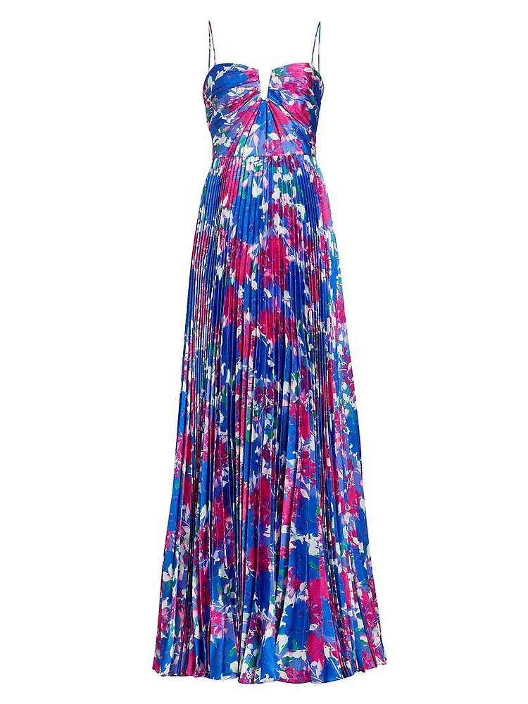 Evelyn Satin Floral Pleated Gown