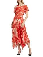 Oceanscape Pleated Handkerchief Midi-Dress