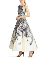 Sketch-Print Wool Twill Cocktail Dress