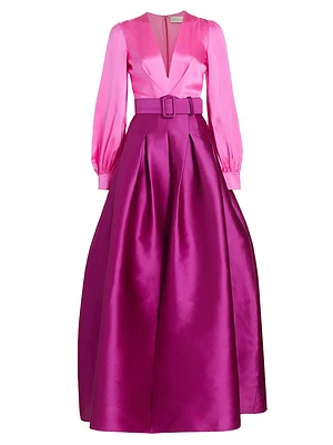 Zoe Satin Colorblocked Belted Gown