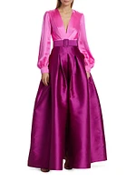 Zoe Satin Colorblocked Belted Gown