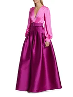 Zoe Satin Colorblocked Belted Gown