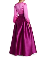 Zoe Satin Colorblocked Belted Gown