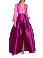 Zoe Satin Colorblocked Belted Gown