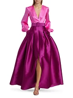 Zoe Satin Colorblocked Belted Gown