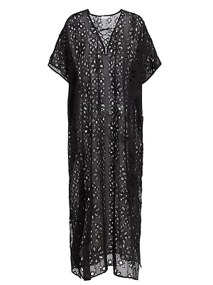 Eyelet Lace-Up Maxi Cover-Up Kaftan