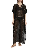 Eyelet Lace-Up Maxi Cover-Up Kaftan