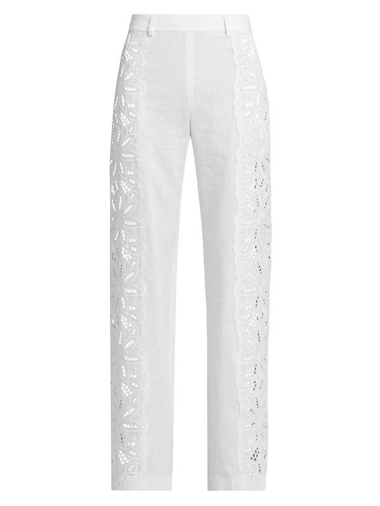 Linen-Blend Eyelet Trousers