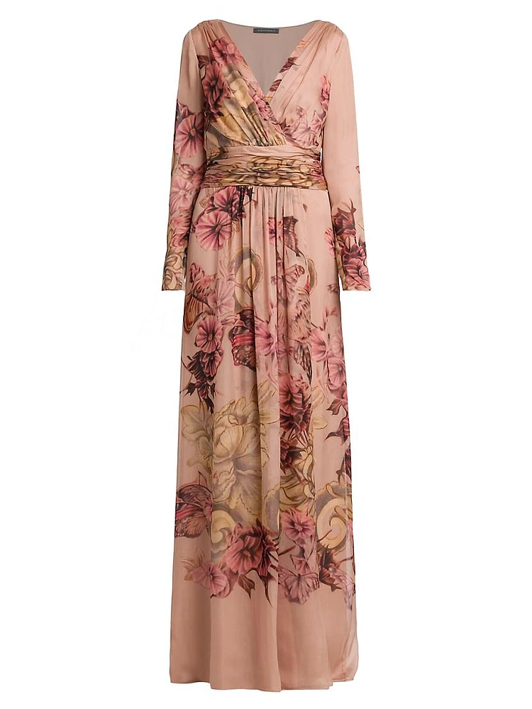 Gathered Floral Silk Maxi Dress