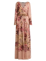 Gathered Floral Silk Maxi Dress