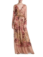 Gathered Floral Silk Maxi Dress