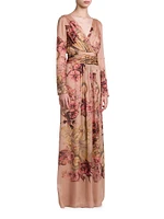 Gathered Floral Silk Maxi Dress