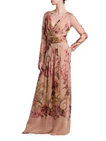 Gathered Floral Silk Maxi Dress