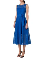 Eyelet Lace Belted Midi-Dress