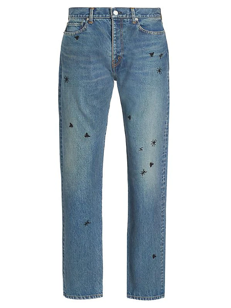 Insect Embroidered Straight-Leg Denim Pants