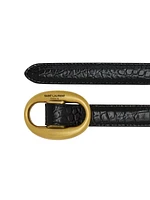 Oval Buckle Thin Belt In Crocodile Embossed Leather