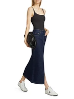 Express To Mars Swerve Stretch Denim Midi-Skirt