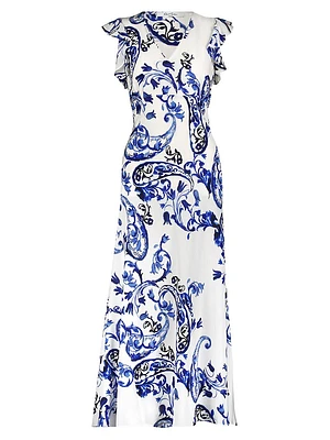 Leighton Paisley Flutter-Sleeve Maxi Dress