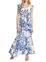 Leighton Paisley Flutter-Sleeve Maxi Dress