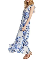 Leighton Paisley Flutter-Sleeve Maxi Dress