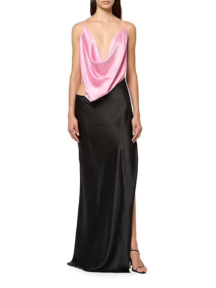 Iced Colorblocked Bias Silk Backless Gown