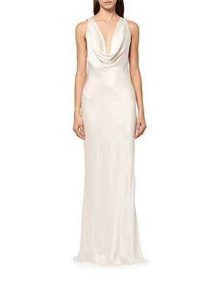 Silk Satin Draped Cowlneck Gown