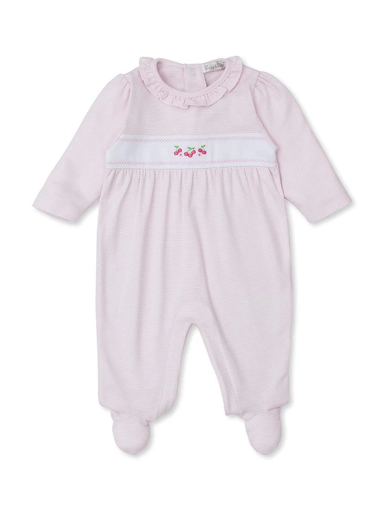 Baby Girl's Cherry Embroidered Striped Ruffled Footie