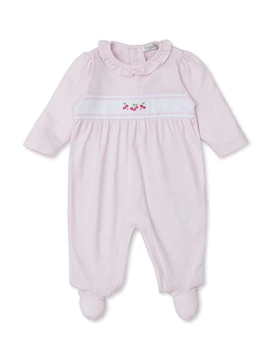 Baby Girl's Cherry Embroidered Striped Ruffled Footie