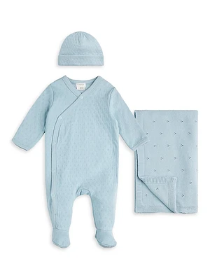 Baby Girl's Petit Lem Peony Pointelle Knitted Sleeper, Blanket, & Beanie Set