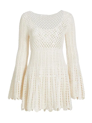 Cotton-Cashmere Crochet Bell-Sleeve Minidress