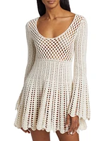 Cotton-Cashmere Crochet Bell-Sleeve Minidress