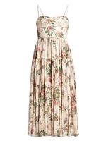 Pleated Floral Linen Midi-Dress