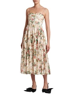 Pleated Floral Linen Midi-Dress