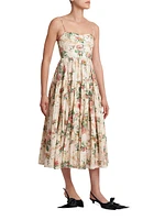 Pleated Floral Linen Midi-Dress