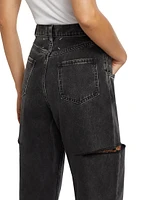 Distressed Slit Mid-Rise Baggy Jeans