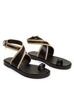 Raffia-Trimmed Leather Ankle-Wrap Sandals