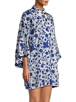 Floral Embroidered Cotton Long-Sleeve Mini Caftan