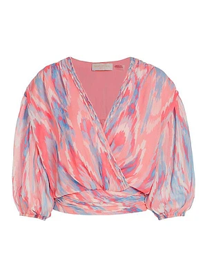 Blaire Abstract Balloon-Sleeve Surplice Top