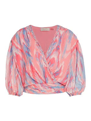 Blaire Abstract Balloon-Sleeve Surplice Top