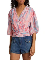 Blaire Abstract Balloon-Sleeve Surplice Top