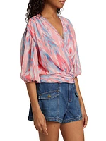 Blaire Abstract Balloon-Sleeve Surplice Top