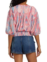 Blaire Abstract Balloon-Sleeve Surplice Top