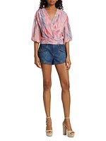 Blaire Abstract Balloon-Sleeve Surplice Top