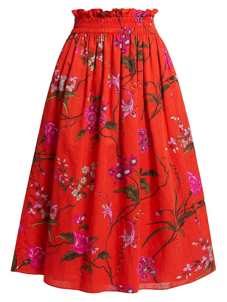 Cotton-Linen Floral Midi-Skirt