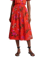 Cotton-Linen Floral Midi-Skirt