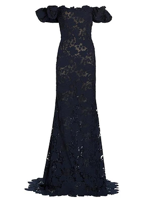 Botanical Guipure Lace Off-the-Shoulder Gown