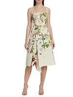 Floral Fauna Drape Godet Dress