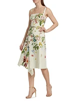 Floral Fauna Drape Godet Dress